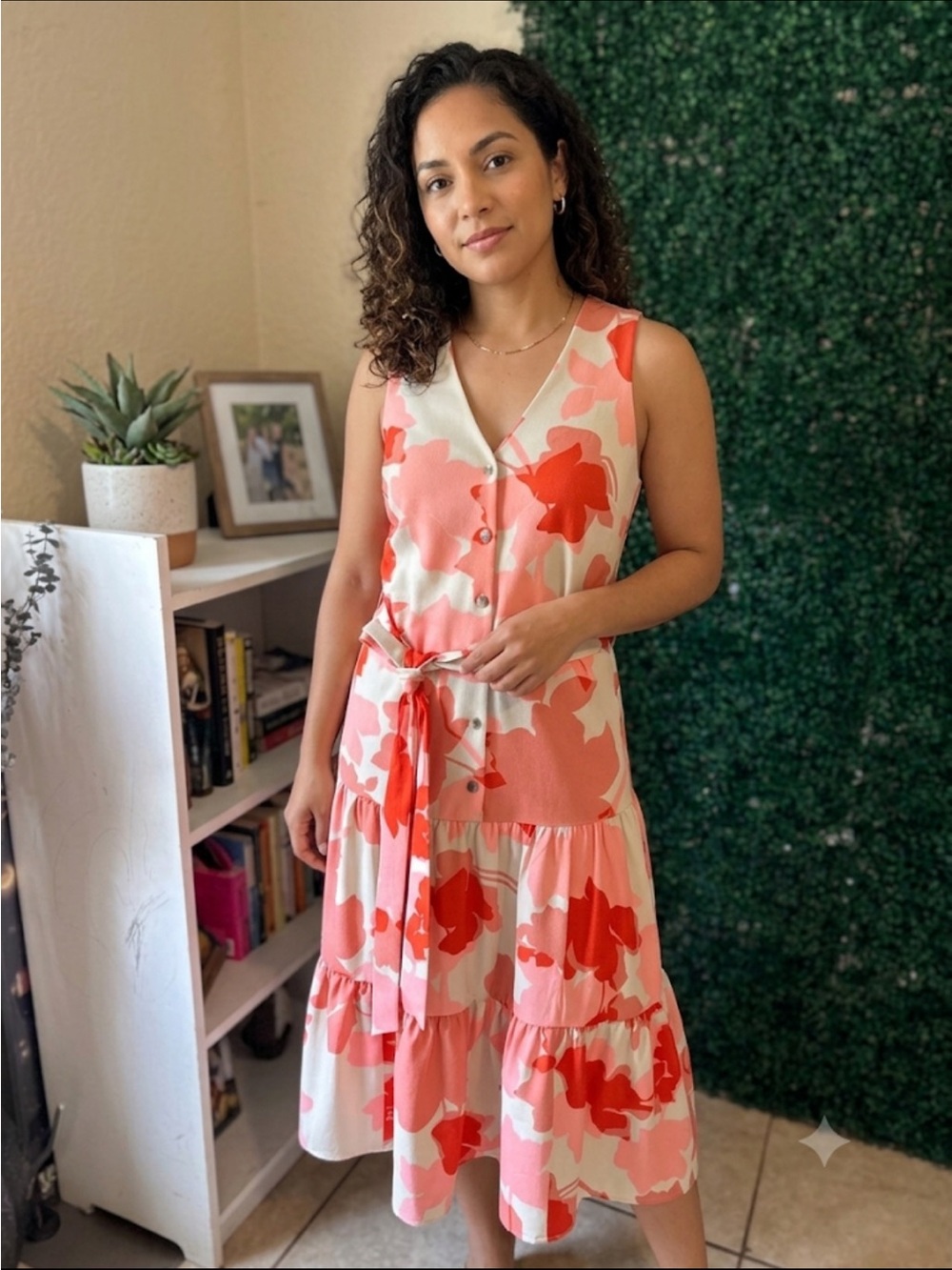 Calvin Klein Coral and Cream Floral Midi Dress 198